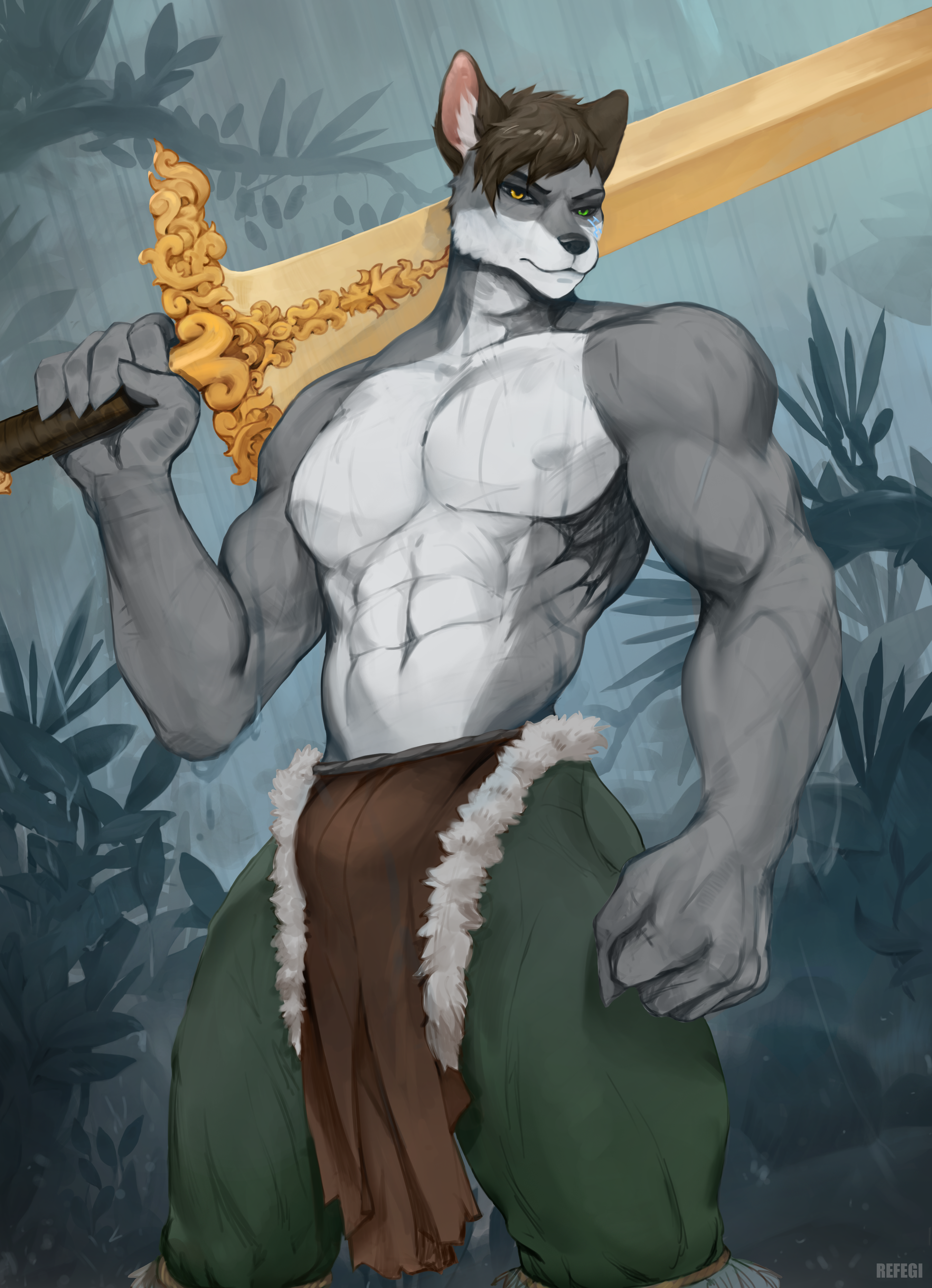 In a rainy forest, a muscle-bound wolf with bi-chromatic, glowing gold and green eyes hefts a large greatsword over his shoulder. He's not wear any shirt, sticking a loincloth and breeches that hug his impressive legs. The rain slides down his broad chest and hulking arms. His expression is one of scorn and disdain as he glares at the viewer.