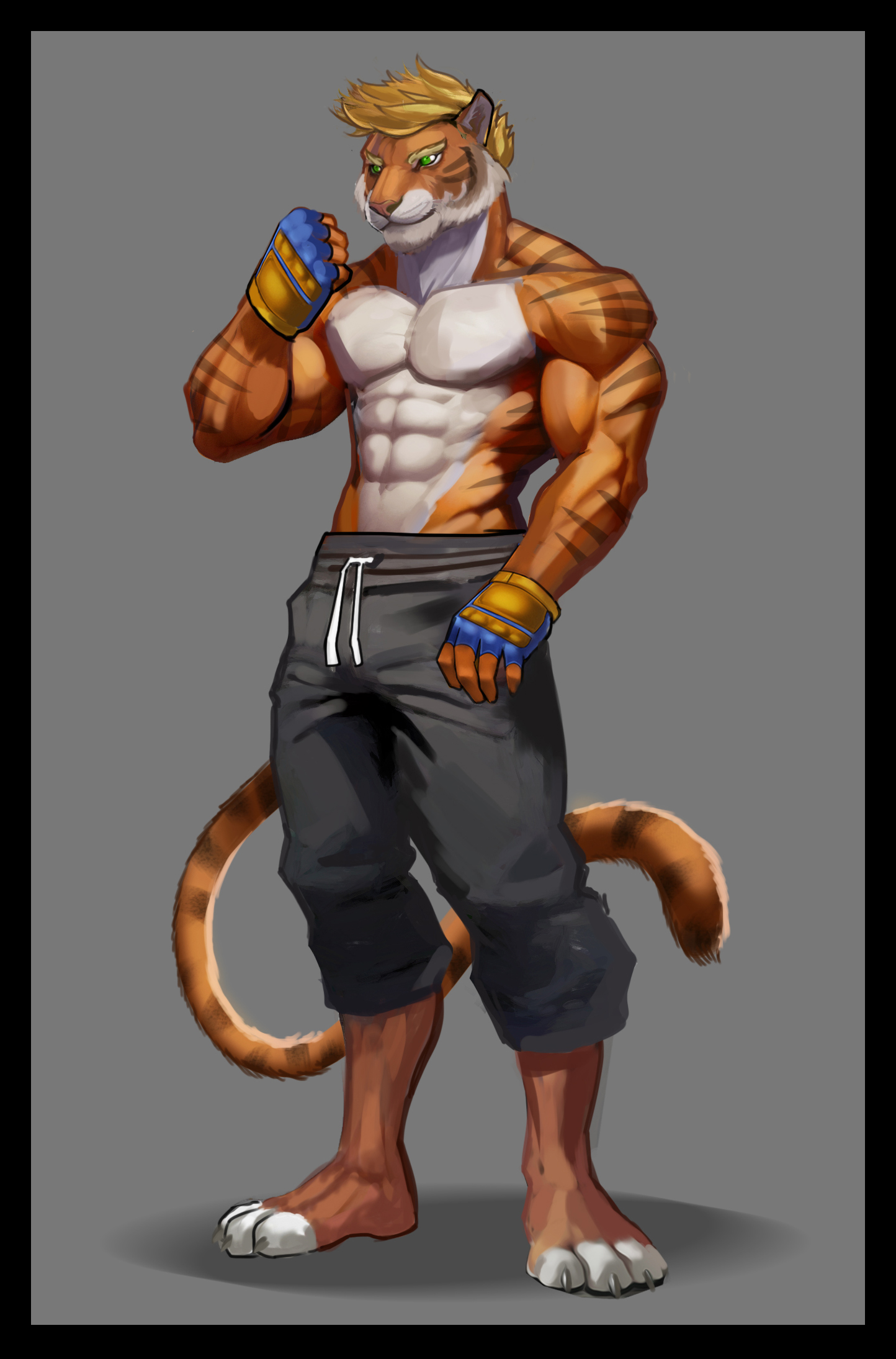 A muscular tiger with blond hair and emerald green stands tall, wearing fingerless gloves and sweatpants. He makes a pose, as if he's eager for a fight.