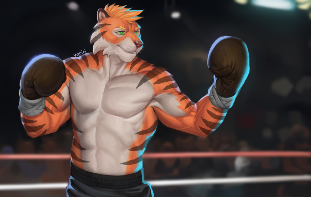 A muscular tiger with blond hair and emerald green eyes is wear boxing gear with a tightrope and a crowd of cheering fans behind him.