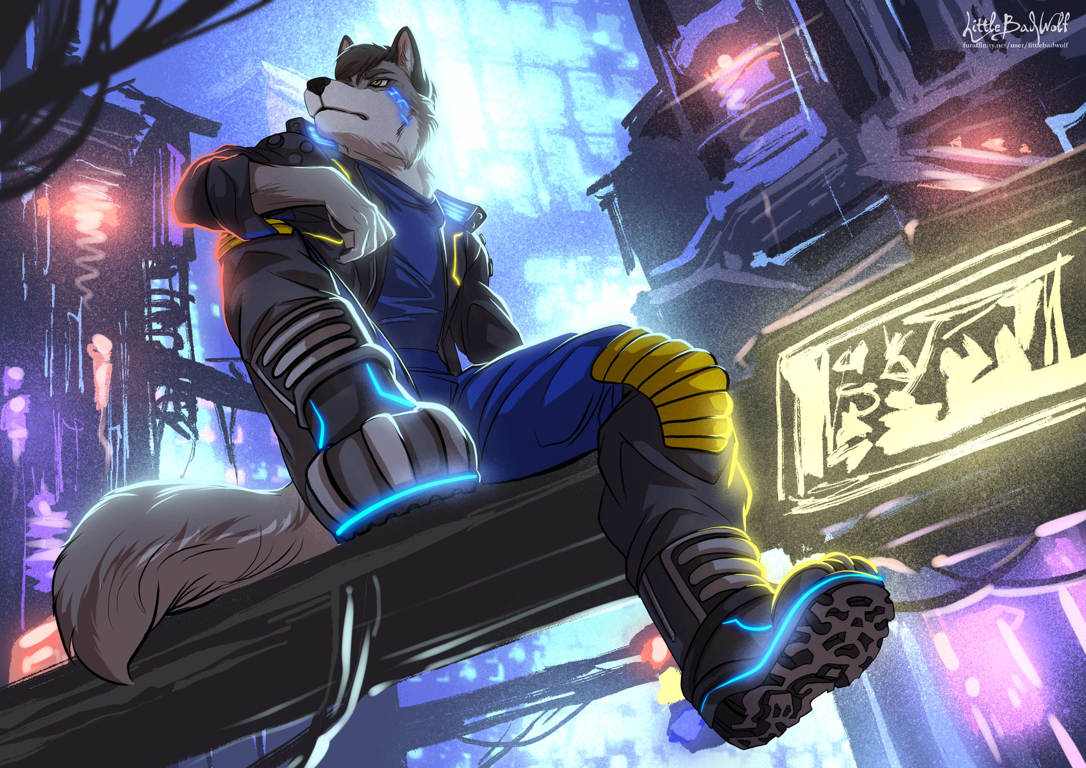 A grey wolf with gold eyes and glowing blue tattoo under his left eye is wearing a black jacket with gold trimmings over a blue jumpsuit with black shoes and gold kneepads. He's stilling on top of a neon sign, with bright buildings and night lights all around him.