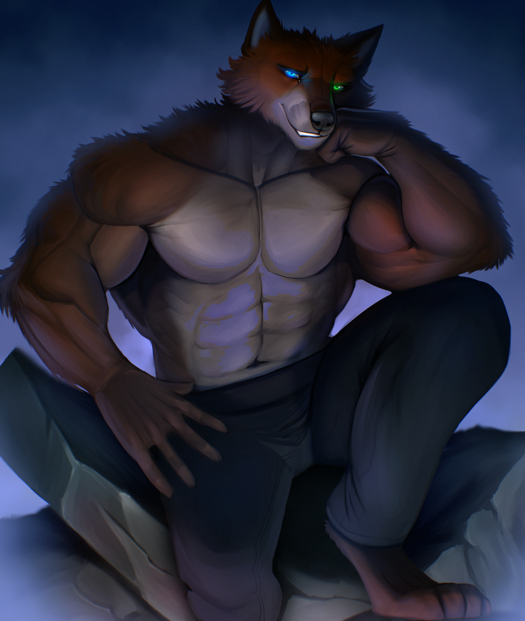 A muscle-bound anthro red fox with a light underbelly rests comfortable on a rock formation with a dark, misty backdrop. His left elbow rests on his knee and his muzzle rests on the knuckles of his left hand. Most visually striking are his glowing green left eye and glowing blue right eye.