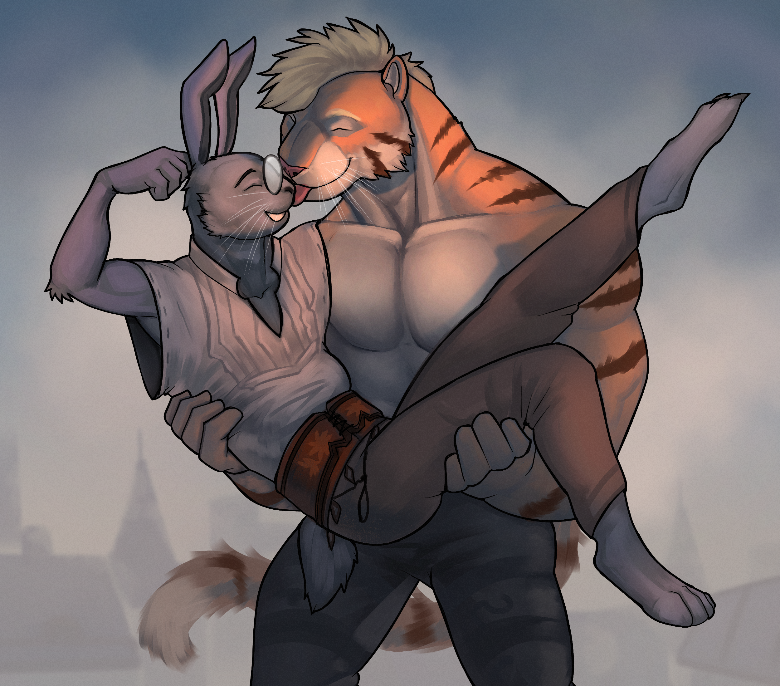 Edmund, a muscular tigerkin without a shirt, is holding his boyfriend, the lithe, bespectacled, rabbitkin Mortimer, in his arms as they fly together over the city. Edmund bleps the little rabbit in the excitement.