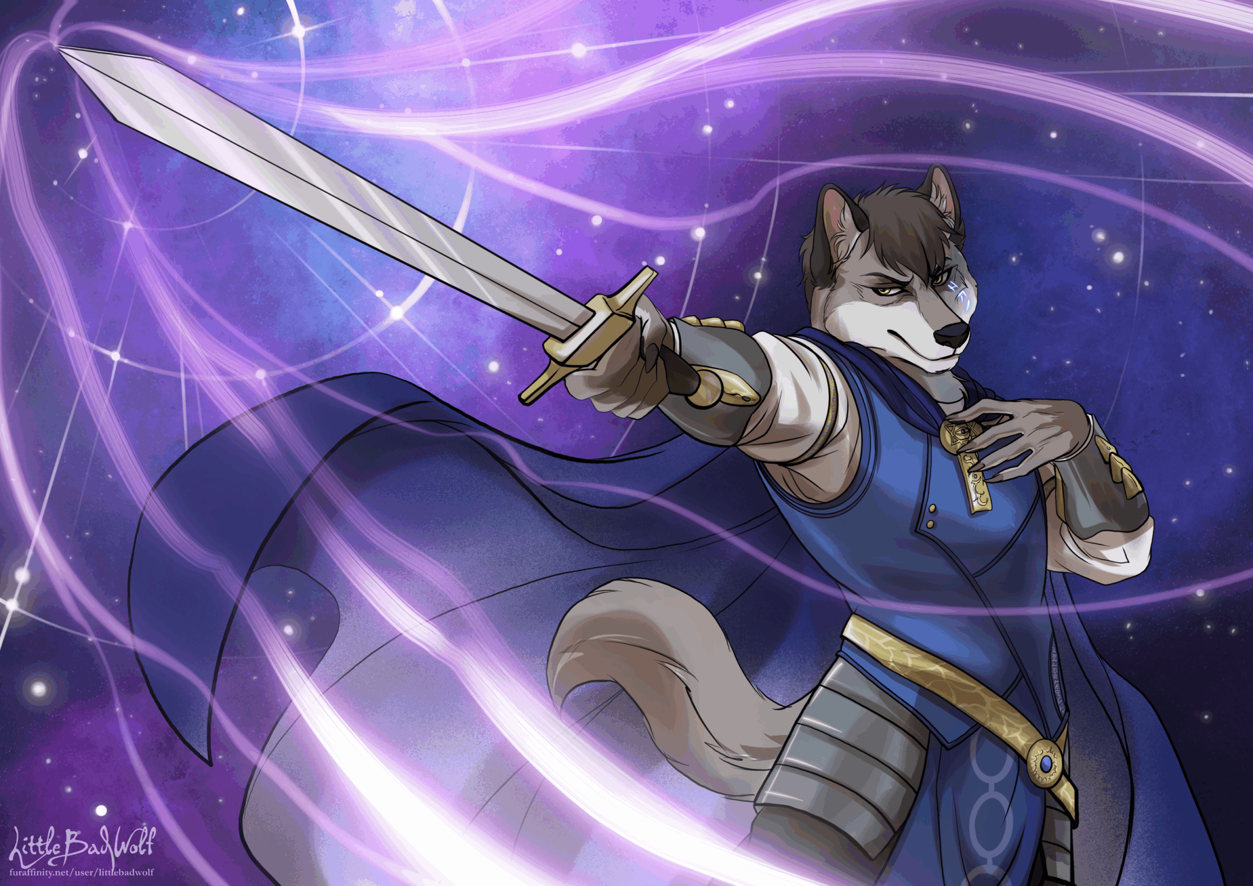 An anthro grey wolf with golden eyes and brown hair wears an armored tunic, pointing a sword at the viewer with a determined gaze. His cape billows behind him, filling the background scene. His free hand rests atop his chest, demonstrating grace and poise.