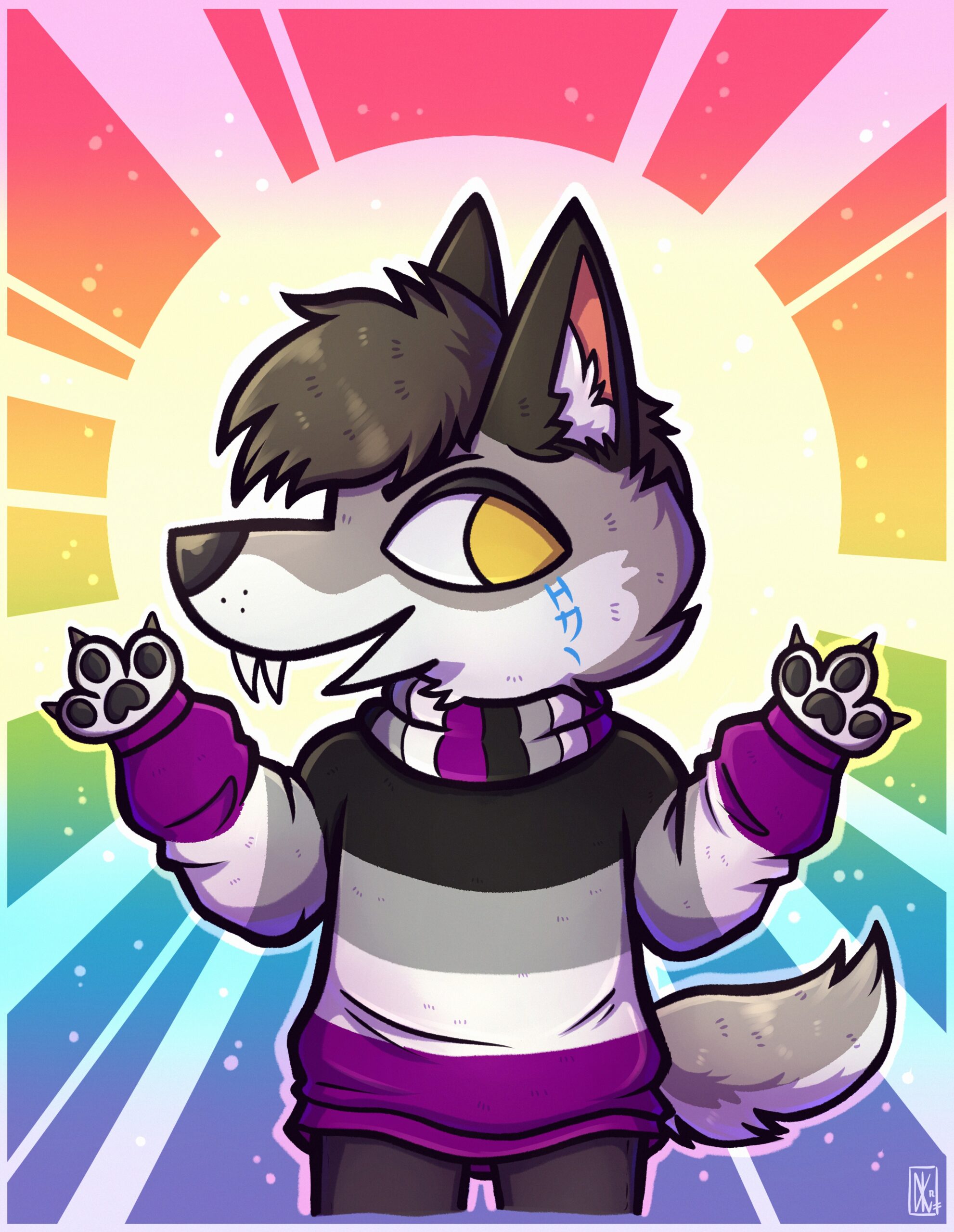 Enigma, an anthro grey wolf with brown hair, gold eyes, and a runic tattoo under his eye, is wear a striped sweater with the colors of the asexuality flag. He is radiant, shining on a rainbow backdrop to show his queer pride.