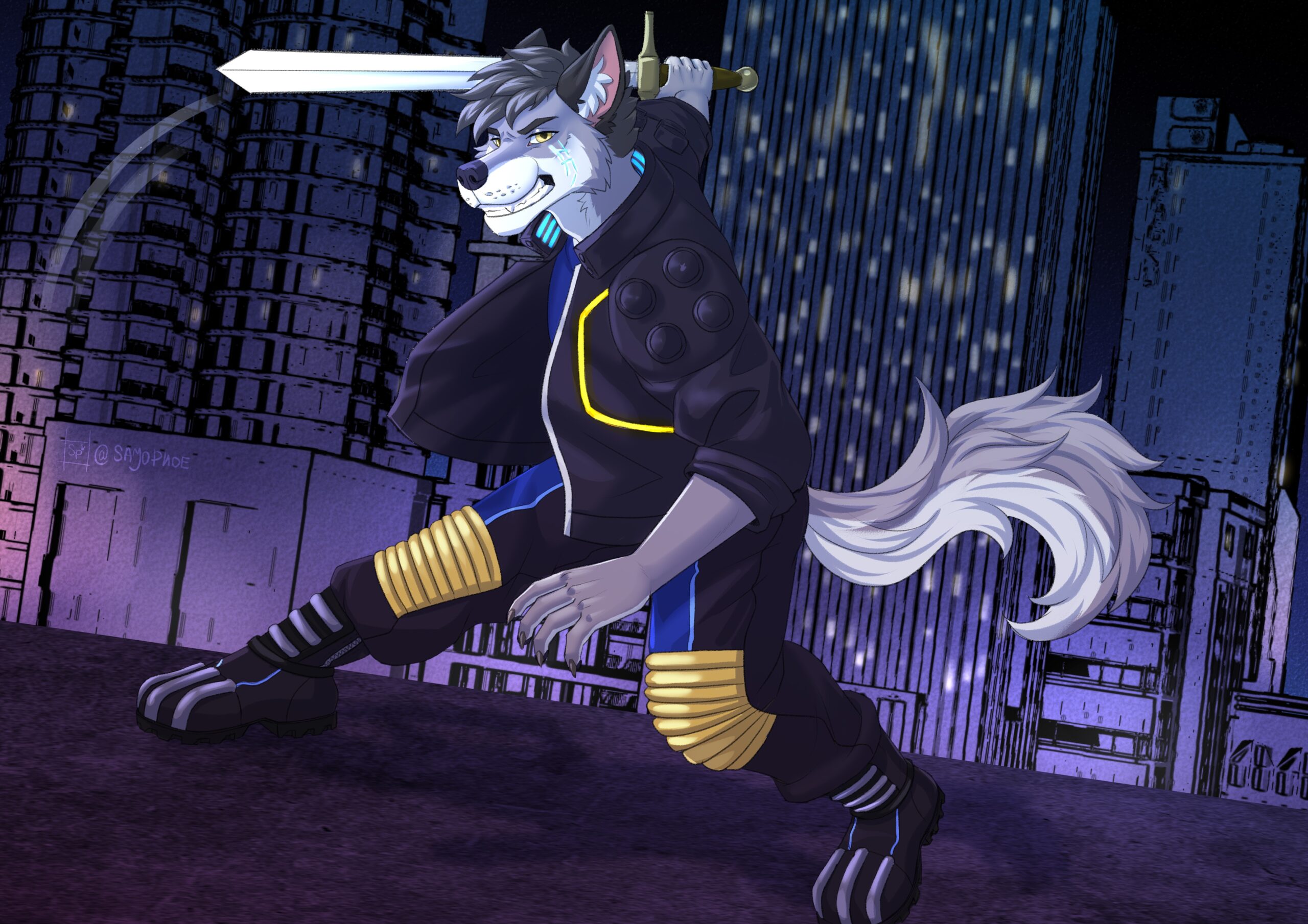 Enigma, wearing his black cyberpunk outfit with blue shirt and gold trimmings, in the middle of a glowing cityscape, holding his sword as if he has just drawn it to fend someone off. He has a confident grin plastered across his face.