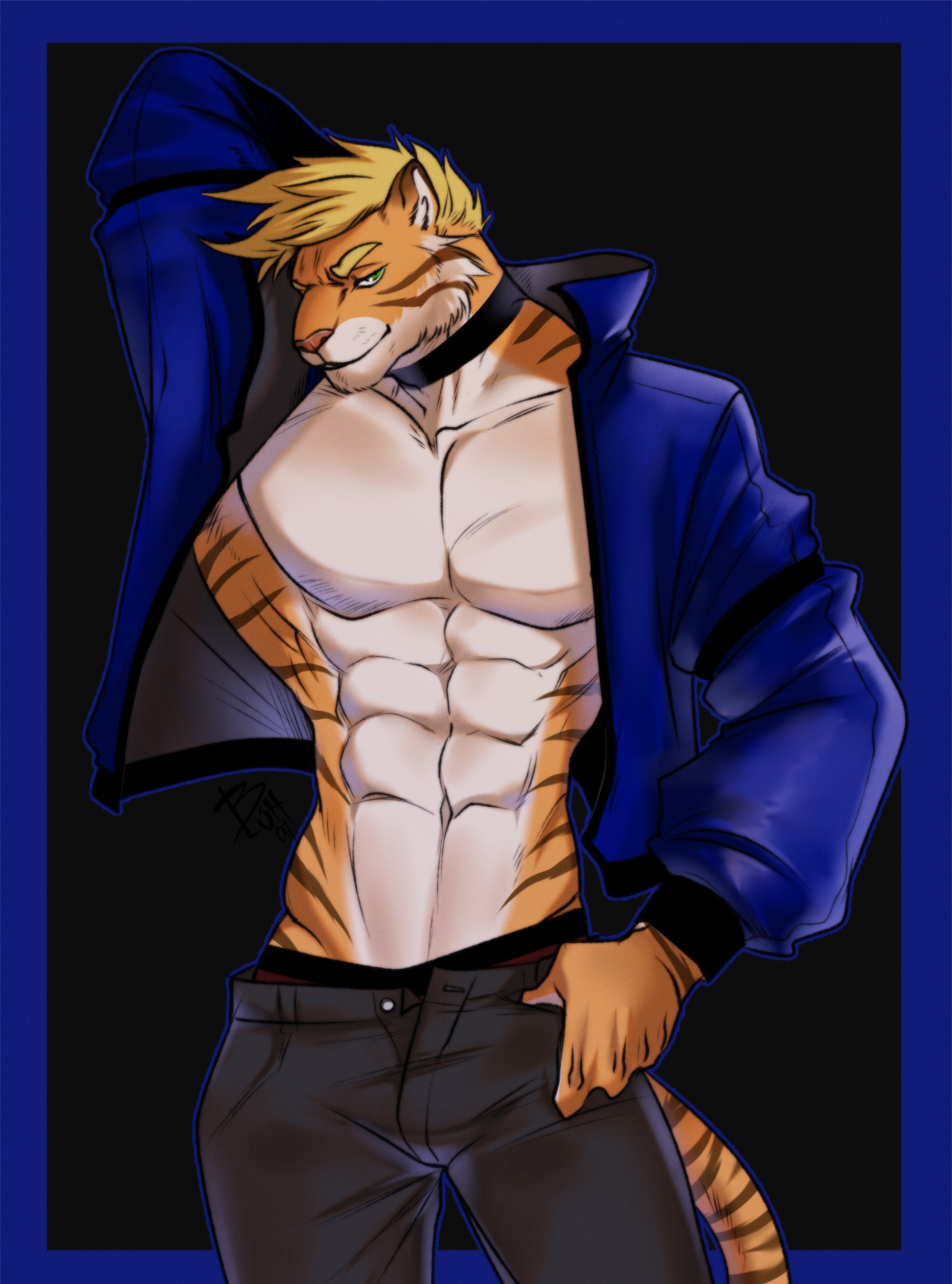 A muscular, athletic anthro tiger with blond hair and green eyes makes a sexy pose while wear a tight choker around his neck, an open sapphire blue jacket that leaves his chest and abs exposed, and a pair of slightly unbuttoned pants worn so low that his v-line and boxer shorts pop out of the top of them. He resembles a modern fashion model.
