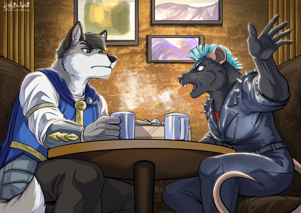 Enigma, dressed in full Magistrum garments, sits in a cafe across from Noxie, a punk rat from a cyberpunk form distant to his own. He is listening intently to her irate and indignant defenses while sharing a box of pastries and coffee with her.