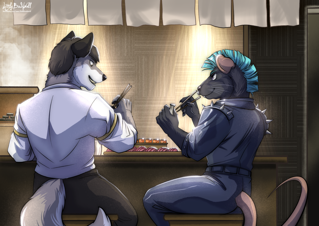 Enigma, wearing a plain and casual outfit, sits at a sushi bar with Noxie, still in her punk outfit, sharing a meal together. They aren't friends per se, but they are more friendly towards each other.