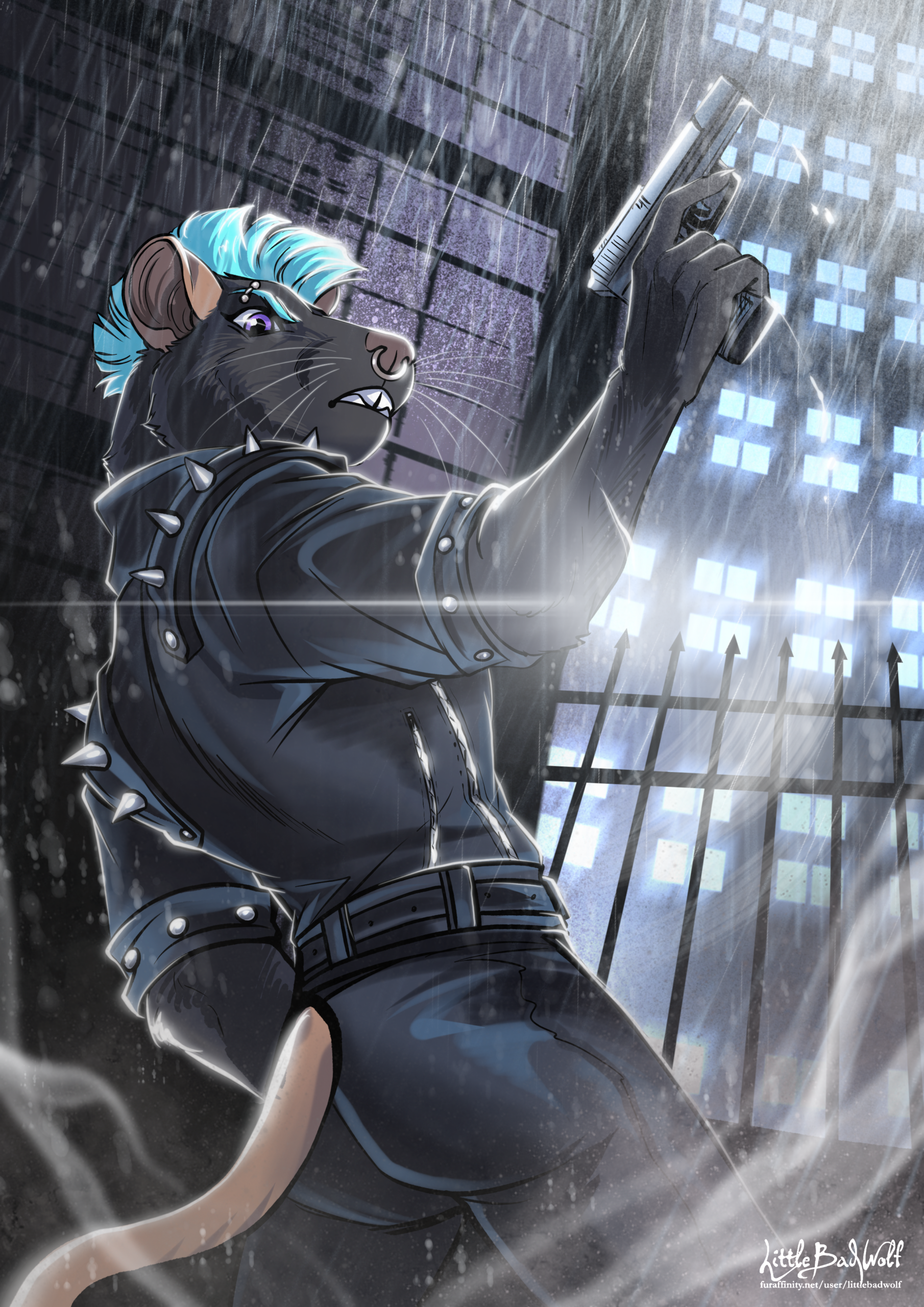 An ebony-furred, young anthro rat woman with an electric blue mohawk, violet eyes, and piercings on her eyebrow and nose. She wears stubbed biker gear, holding a pistol in her right hand. She stands with her back to the viewer, staring at them in the rain of a cyberpunk city backdrop.